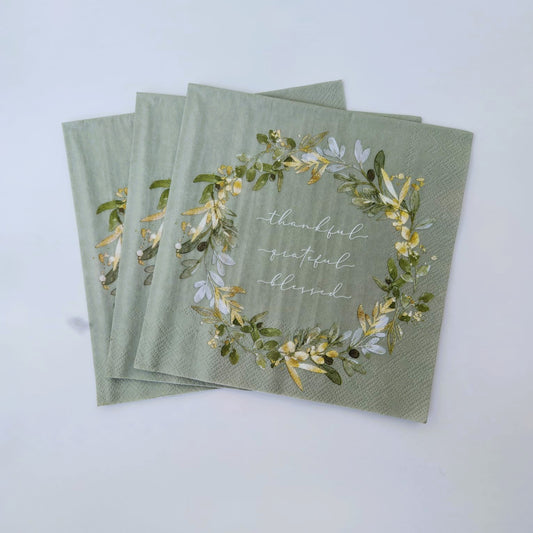 Thankful Grateful Blessed Napkins | Sage Wreath 20ct