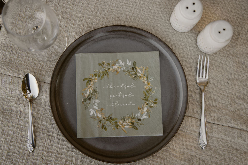 Thankful Grateful Blessed Napkins | Sage Wreath 20ct