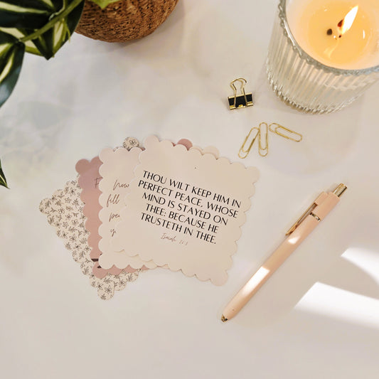 Set of 4 Dusty Rose Scalloped Edge Scripture Notecards | Comfort